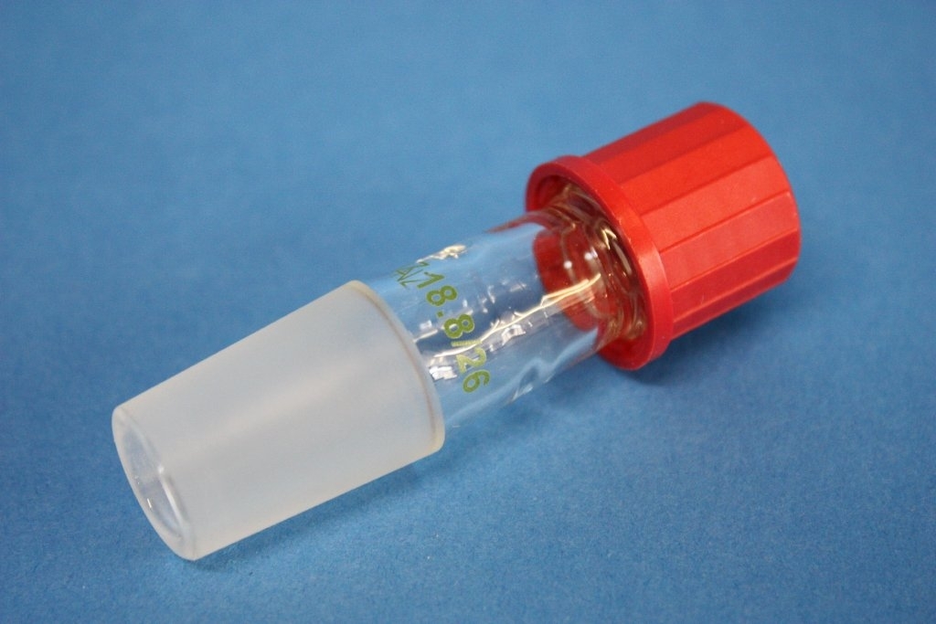 Übergangsstück - Quickfit, Kernschliff mit Verschraubung, Kern: NS 19/26, Gewinde: GL 18, mit Dichtung und Schraubkappe