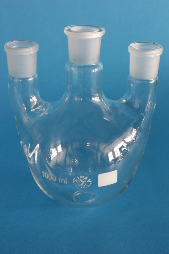 Dreihals-Rundkolben, 1000 ml, Mittelhals NS 29/32, Seitenhälse parallel, NS 29/32, Boro 3.3