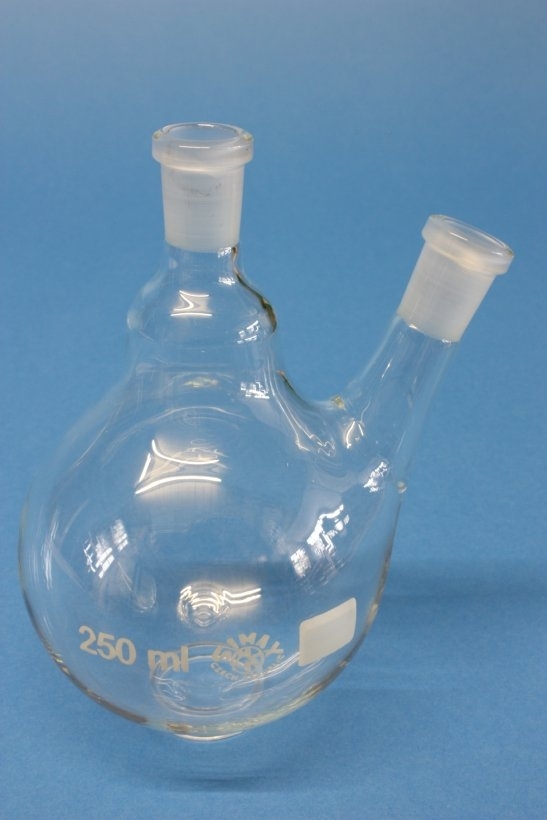Zweihals-Rundkolben, 250 ml, NS 14/23, schräger Seitenhals NS 14/23, Boro.3.3