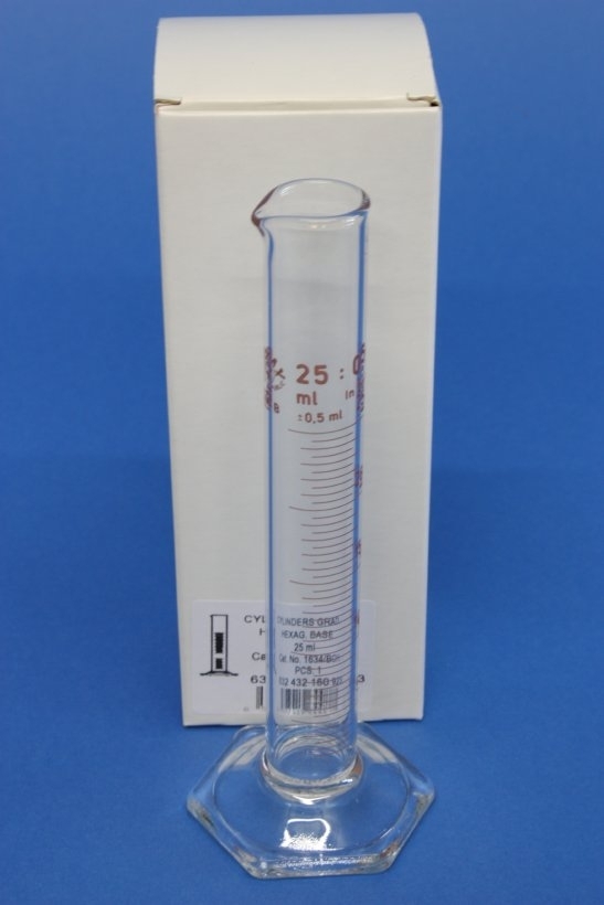 Messzylinder mit Sechskantfuß aus Glas, 25 ml, hohe Form, Unterteilung: 0,5 ml, (org. Simax)