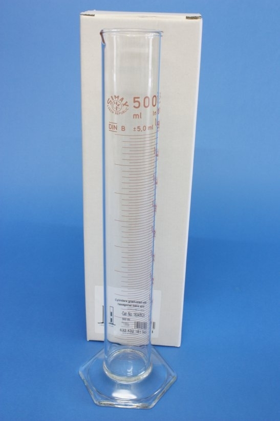 Messzylinder mit Sechskantfuß aus Glas, 500 ml, hohe Form, Unterteilung: 5 ml, (org. Simax)