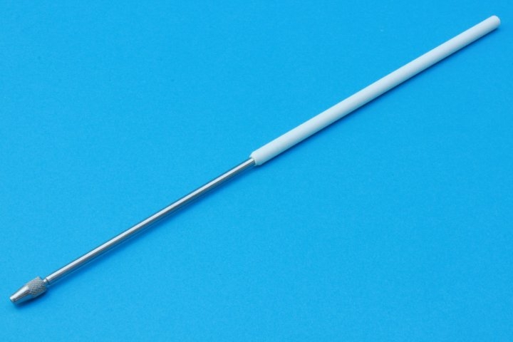 Präpariernadelhalter nach Kolle, Edelstahloberteil, mit weißem Kunststoffgriff