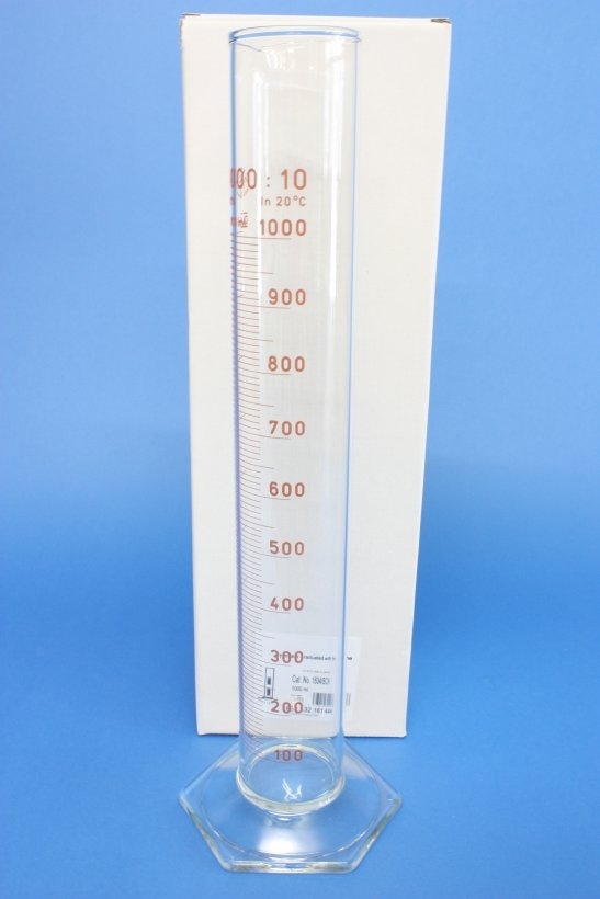 Messzylinder mit Sechskantfuß aus Glas, 1000 ml, hohe Form, Unterteilung: 10 ml, (org. Simax)