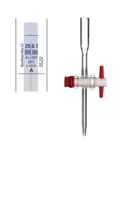 Bürette, mit geradem PTFE-Hahn, 25 ml, Teilung: 0,1 ml, Klasse A, Schellbachstreifen