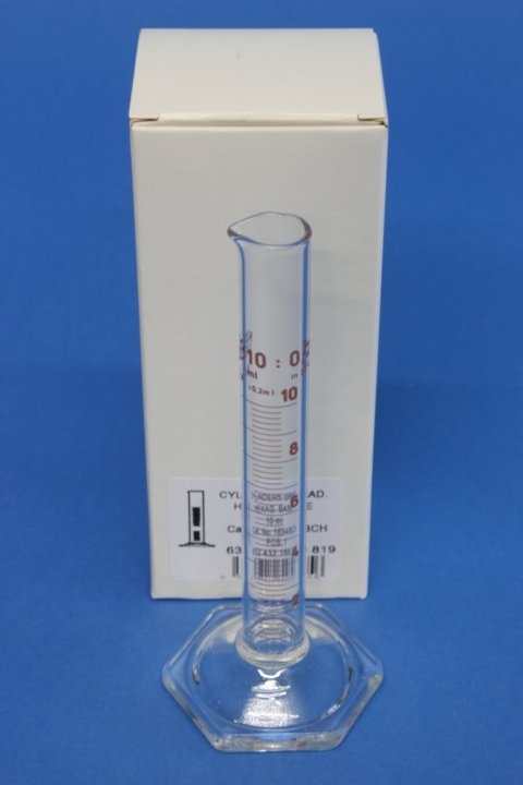 Messzylinder mit Sechskantfuß aus Glas, 10 ml, hohe Form, Unterteilung: 0,2 ml, (org. Simax)