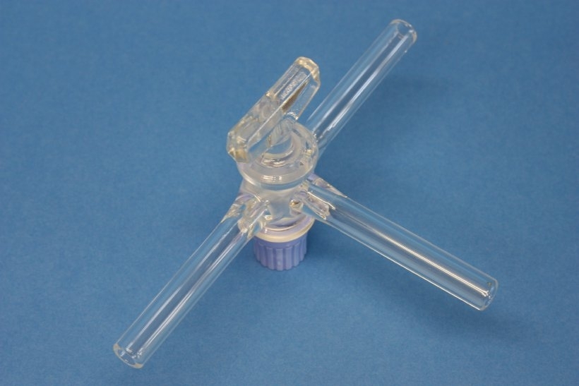 Dreiweghahn, kapillar, aus Borosilikatglas 3.3, Schenkellänge: 50 mm