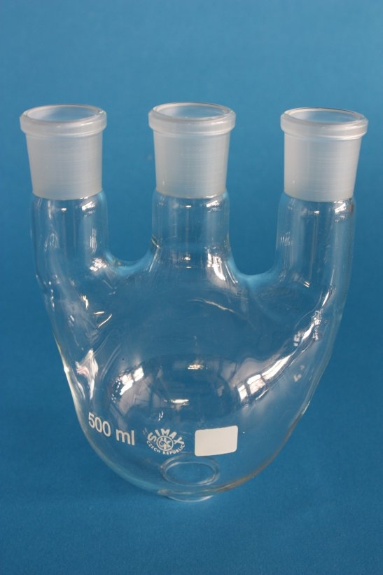 Dreihals-Rundkolben, 500 ml, Mittelhals NS 29/32, Seitenhälse parallel, NS 29/32, Boro 3.3