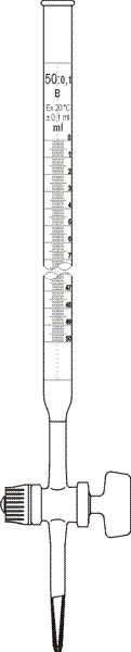 Bürette, mit geradem NS-Hahn, 50 ml, Teilung: 0,1 ml, und Schellbachstreifen