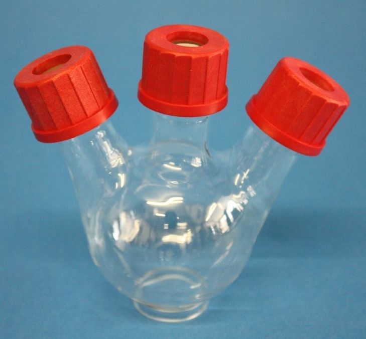 Dreihals-Rundkolben, GL, 100 ml, Mittelhals GL 25, Seitenhälse schräg 1 x GL 25