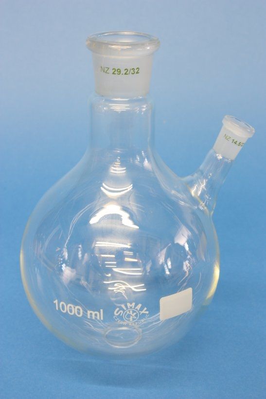 Zweihals-Rundkolben, 2000 ml, NS 29/32, schräger Seitenhals NS 29/32, Boro.3.3