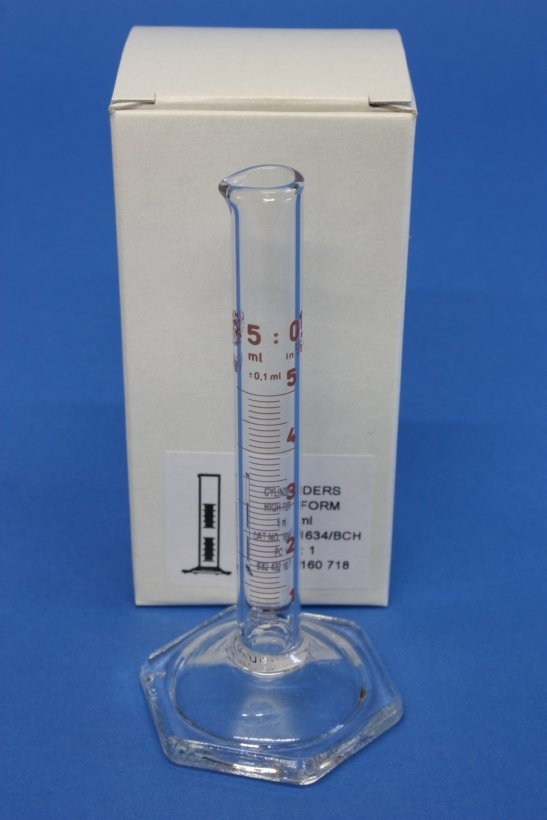 Messzylinder mit Sechskantfuß aus Glas, 5 ml, hohe Form, Unterteilung: 0,1 ml, (org. Simax)