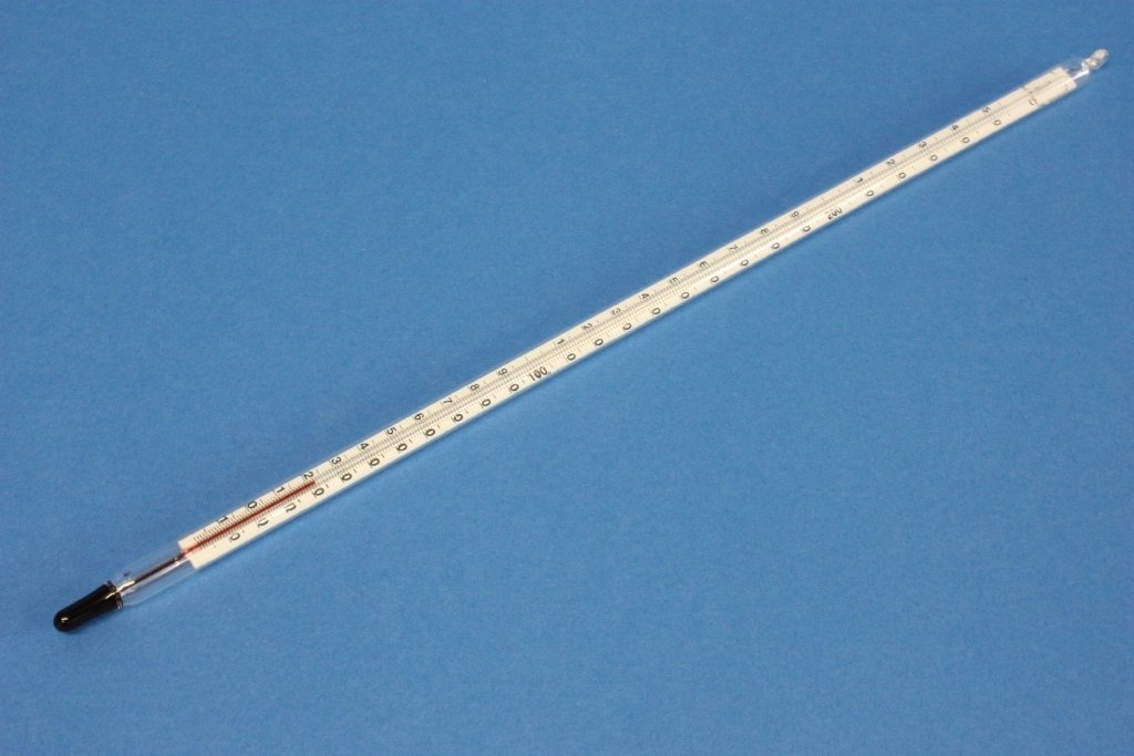 Chemische Laborthermometer, Einteilung: -10 ... + 50:1 °C, mit roter Anzeigenfüllung