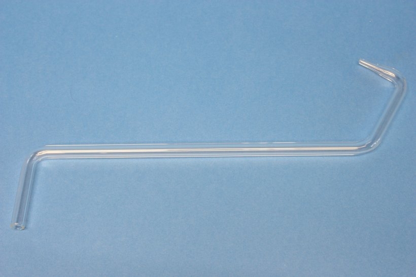 Gaseinleitungsrohr, (Glasrohrformteil) 8 mm, S-Form: 2 stumpfe + rechter Winkel, mit 30-mm-Spitze, 50/180/50 mm