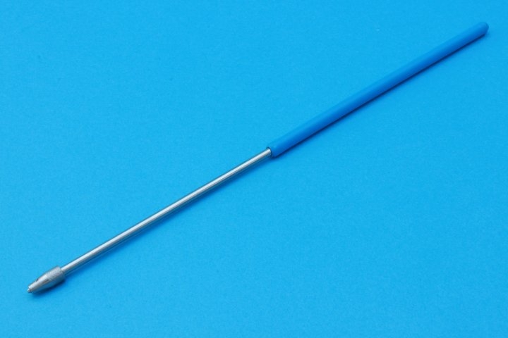 Präpariernadelhalter nach Kolle, Edelstahloberteil, mit blauem Kunststoffgriff