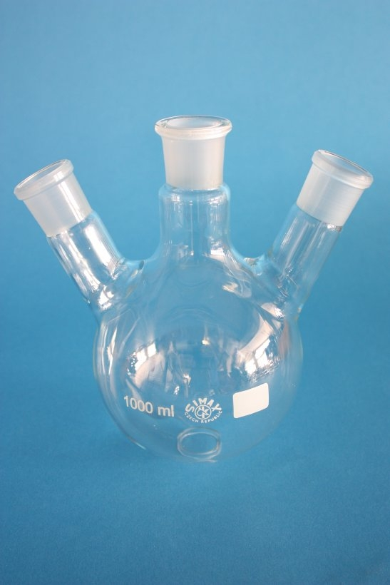 Dreihals-Rundkolben, 2000 ml, Mittelhals NS 29/32, schräge Seitenhälse NS 29/32, Boro.3.3