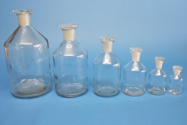 Steilbrustflasche, 250 ml, Enghals, klar, mit NS-Glasstopfen