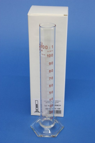 Messzylinder mit Sechskantfuß aus Glas, 100 ml, hohe Form, Unterteilung: 1 ml