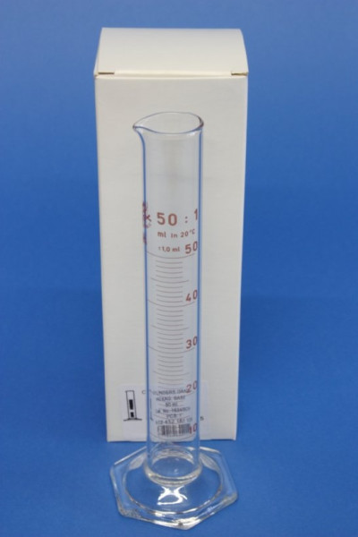 Messzylinder mit Sechskantfuß aus Glas, 50 ml, hohe Form, Unterteilung: 1 ml