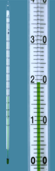 Chemische Laborthermometer, Einteilung: -10 ... +360:2 °C, mit grüner Anzeigenfüllung