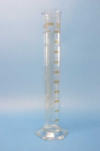 Messzylinder mit Sechskantfuß aus Glas, 2000 ml, hohe Form, Unterteilung: 20 ml