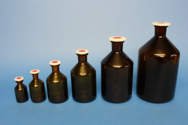 Steilbrustflasche, 1000 ml, Enghals, braun, mit Norm-Polystopfen