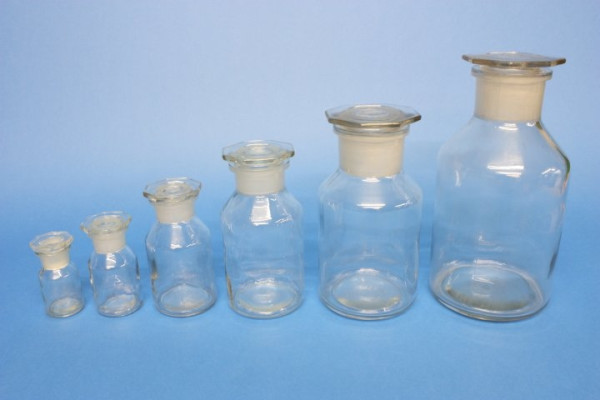 Steilbrustflasche, 1000 ml, Weithals, klar, mit NS-Glasstopfen