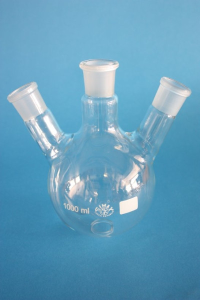 Dreihals-Rundkolben, 1000 ml, Mittelhals NS 29/32, schräge Seitenhälse NS 29/32, Boro.3.3