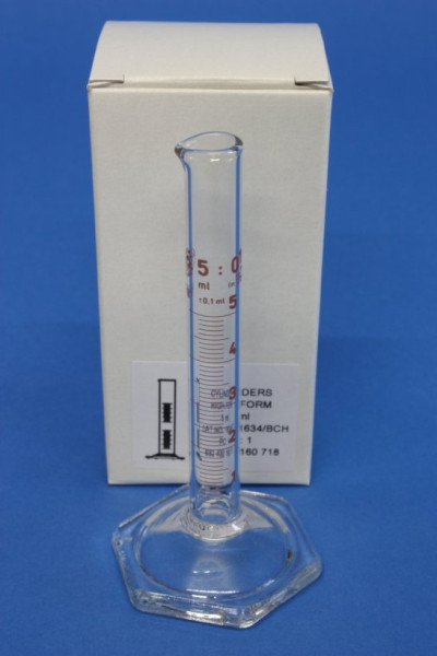 Messzylinder mit Sechskantfuß aus Glas, 5 ml, hohe Form, Unterteilung: 0,1 ml